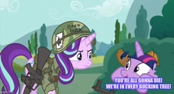 Size: 800x433 | Tagged: safe, derpibooru import, edit, edited screencap, screencap, starlight glimmer, twilight sparkle, pony, no second prances, assault rifle, bush, clothes, duo, gun, helmet, historical roleplay starlight, m16, military uniform, rifle, soldier, twilight bushel, uniform, vietnam, vietnam war, weapon