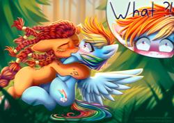 Size: 1323x935 | Tagged: safe, artist:chaosangeldesu, derpibooru import, rainbow dash, oc, oc:roarke, earth pony, pegasus, pony, fanfic:austraeoh, braid, braided tail, canon x oc, duo, female, kissing, lesbian, rainboarke, tail