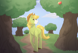 Size: 2500x1700 | Tagged: safe, artist:purplegrim40, derpibooru import, oc, oc only, earth pony, pony, apple, apple tree, food, male, solo, stallion, straw in mouth, tree