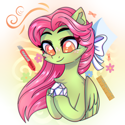 Size: 2500x2500 | Tagged: safe, artist:stormcloud, derpibooru import, oc, oc only, oc:fresh cabbage, pegasus, pony, bow, bust, chest fluff, cute, female, floating wings, freckles, hair bow, looking at something, mare, origami, smiling, solo, wings