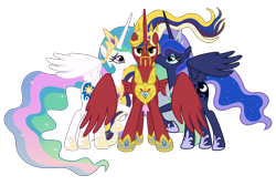 Size: 4321x2902 | Tagged: source needed, safe, anonymous artist, derpibooru import, princess celestia, princess luna, oc, oc:king equus, alicorn, pony, alicorn oc, beard, bedroom eyes, brother, brother and sister, canon x oc, crown, cute, cutelestia, cutie mark, ethereal mane, ethereal tail, eye scar, eyebrows, eyelashes, eyes open, facial hair, family, female, happy, high res, horn, hug, implied fausticorn, jewelry, king, kiss on the cheek, kissing, looking at you, lunabetes, male, mare, moon, moustache, raised hoof, raised leg, regalia, royal sisters, royalty, scar, siblings, simple background, sister, sisters, smiling, spread wings, stallion, sun, tail, transparent background, wall of tags, white background, winghug, wings