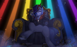 Size: 4872x3000 | Tagged: safe, artist:snail 9, derpibooru import, oc, oc only, oc:ray frok, fanfic:rainbow factory, clothes, fanfic art, female, hat, hat tip, jacket, jewelry, liquid rainbow, mare, necklace, not rarity, solo, spectra, throne