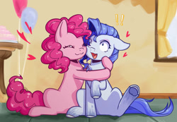 Size: 1084x750 | Tagged: safe, artist:snail 9, derpibooru import, pinkie pie, oc, oc:ray frok, earth pony, pony, balloon, cake, duo, exclamation point, food, heart, hug, not rarity, sitting, sugarcube corner, window