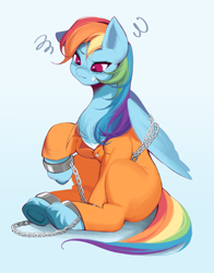 Size: 2200x2800 | Tagged: safe, artist:chrryart06, derpibooru import, rainbow dash, pegasus, pony, bound wings, chained, chains, clothes, commission, cuffs, female, mare, never doubt rainbowdash69's involvement, prison outfit, prisoner rd, shackles, sitting, solo, sweat, sweatdrop, unshorn fetlocks, wings
