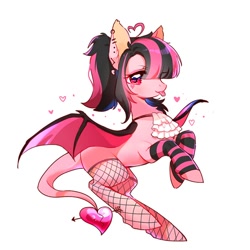 Size: 700x700 | Tagged: safe, artist:dreamsugar, derpibooru import, oc, oc only, bat pony, pony, bat wings, clothes, ear piercing, earring, eye clipping through hair, female, fishnet stockings, heart, jewelry, leonine tail, looking at you, mare, piercing, profile, simple background, socks, solo, spread wings, stockings, striped socks, tail, thigh highs, tongue, tongue out, white background, wings