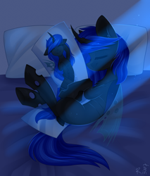 Size: 1700x2000 | Tagged: safe, artist:rinteen, derpibooru import, oc, oc:blue visions, changeling, pony, bed, bedsheets, blue changeling, body pillow, commission, hug, night, pillow, pillow hug, sleeping, ych result