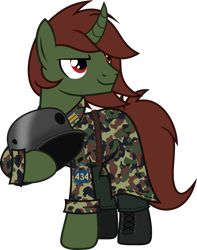 Size: 1819x2308 | Tagged: safe, artist:bnau, derpibooru import, oc, oc only, oc:aero glade, pony, unicorn, boots, camouflage, clothes, coat, curved horn, helmet, holding, horn, male, military uniform, shoes, simple background, solo, stallion, transparent background, uniform, vector