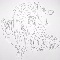 Size: 2126x2102 | Tagged: artist needed, source needed, safe, derpibooru import, fluttershy, butterfly, pegasus, pony, anime, cute, floating heart, heart, one eye closed, open mouth, open smile, sketch, smiling, solo