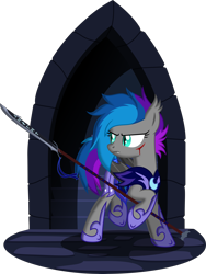 Size: 2927x3888 | Tagged: safe, artist:bnau, derpibooru import, oc, oc only, oc:lyssa, bat pony, pony, armor, blood, female, fighting stance, glaive, guardsmare, hoof shoes, injured, mare, night guard, raised hoof, raised leg, royal guard, runes, show accurate, simple background, solo, transparent background, vector