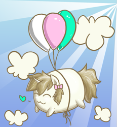 Size: 495x535 | Tagged: safe, artist:fivedollarponies, derpibooru import, oc, oc only, oc:balloons, unicorn, :3, balloon, bow, chibi, cloud, cute, eyes closed, female, floating, flying, happy, heart, mare, solo, then watch her balloons lift her up to the sky