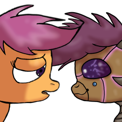 Size: 1024x1024 | Tagged: safe, artist:taeko, derpibooru exclusive, derpibooru import, scootaloo, pegasus, pony, robot, robot pony, 2021, duality, eyelashes, female, good vs evil, looking at each other, looking at someone, no source, open mouth, purple sclera, sad, scootabot, simple background, smiling, solo, white background