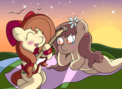 Size: 3509x2550 | Tagged: safe, artist:sparkfler85, derpibooru exclusive, derpibooru import, oc, oc only, oc:flani bainilye, oc:hymyt, earth pony, pony, unicorn, blanket, blushing, bow, bracelet, crying, cute, ear piercing, earring, electric guitar, female, fender stratocaster, freckles, guitar, hair bow, happy, hill, implied incest, implied lesbian, jewelry, love, lying down, mare, musical instrument, outdoors, piercing, river, smiling, sunset, tears of joy, water