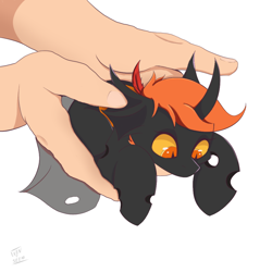 Size: 1000x1000 | Tagged: safe, artist:eventseem, derpibooru import, oc, changeling, pony, hand, hold x gentle like hamburger, it's dangerous to go alone, meme, orange changeling, ponified, ponified animal photo, ponified meme, simple background, white background