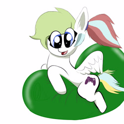 Size: 1600x1600 | Tagged: safe, artist:talabromaltyalla, derpibooru import, oc, oc only, oc:gamer beauty, pegasus, balloon, balloon riding, balloon sitting, female, mare, open mouth, simple background, solo, spread wings, that pony sure does love balloons, white background, wings