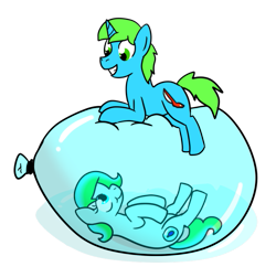 Size: 681x658 | Tagged: safe, artist:baumbs, derpibooru import, oc, oc only, oc:balance blade, oc:delphina depths, pegasus, unicorn, balloon, balloon fetish, balloon riding, balloon sitting, fetish, simple background, that pony sure does love balloons, transparent background, trapped, vector