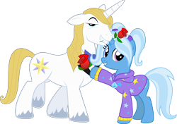 Size: 8102x5694 | Tagged: safe, artist:melisareb, artist:peachspices, derpibooru import, edit, prince blueblood, trixie, pony, unicorn, .svg available, absurd resolution, alternate hairstyle, babysitter trixie, bedroom eyes, bluetrix, clothes, cute, diatrixes, duo, female, flower, flower in mouth, gameloft, gameloft interpretation, hoodie, lidded eyes, looking at you, male, mare, melisareb is trying to murder us, mouth hold, pigtails, rose, rose in mouth, shipping, show accurate, simple background, smiling, smiling at you, stars, straight, transparent background, twintails, unshorn fetlocks, vector, vector edit, weapons-grade cute