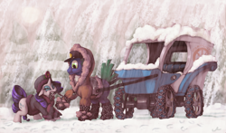 Size: 800x470 | Tagged: safe, artist:docwario, derpibooru import, rarity, oc, pony, unicorn, cart, chains, clothes, coat, duo, female, hat, male, mare, snow, snowfall, stallion, wheel, winter outfit