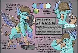 Size: 1588x1074 | Tagged: safe, artist:leastways, derpibooru import, oc, oc:noise dive, griffon, pony, boombox, griffon oc, male, male oc, reference sheet, speech bubble, spread wings, watermark, wings