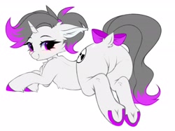 Size: 3000x2240 | Tagged: safe, alternate version, artist:pesty_skillengton, derpibooru import, oc, oc only, oc:hazel radiate, pony, unicorn, alternate character, blushing, bow, butt, colored hooves, commission, commissioner:biohazard, dock, ear fluff, ears, eyebrows, eyebrows visible through hair, eyelashes, featureless crotch, female, floppy ears, frog (hoof), high res, highlights, horn, looking at you, looking back, looking back at you, lying down, mare, plot, ponytail, prone, purple eyes, rear view, simple background, smiling, smiling at you, solo, tail, tail aside, tail bow, underhoof, unicorn oc, white background, ych result