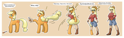 Size: 5200x1600 | Tagged: safe, artist:quickcast, derpibooru import, applejack, human, applejack's hat, boots, clothes, commission, confusion, cowboy hat, hat, humanized, key, mental shift, pony to human, shoes, species swap, speech bubble, transformation, transformation sequence