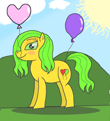 Size: 1997x2209 | Tagged: safe, artist:th3ph0b1ap0n3, derpibooru import, oc, oc only, oc:balloon heart, earth pony, balloon, blushing, cloud, female, heart, heart balloon, looking at you, mare, mouth hold, solo, sun, that pony sure does love balloons