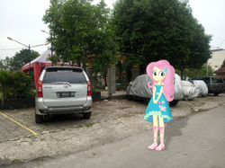 Size: 1280x959 | Tagged: safe, artist:mazakbar567, derpibooru import, edit, fluttershy, equestria girls, car, clothes, dress, equestria girls in real life, female, irl, looking at you, photo, simple background, smiling, smiling at you, solo, street