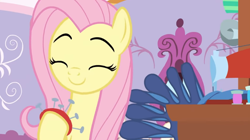 Size: 1064x596 | Tagged: safe, screencap, fluttershy, pegasus, dragon dropped, cute, eyes closed, female, happy, mare, pincushion, shyabetes, smile