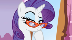 Size: 1033x575 | Tagged: safe, screencap, rarity, unicorn, dragon dropped, female, glasses, hoof rubbing chin, hooves, mare, mischievous, sly