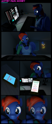 Size: 2000x4750 | Tagged: safe, artist:kamimation, derpibooru import, oc, anthro, pegasus, 3d, amputee, blender, clothes, comic, computer, dialogue, internal screaming, meme, night, smiling, solo