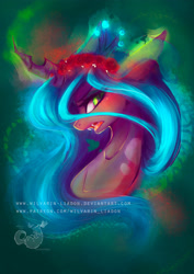 Size: 2480x3508 | Tagged: safe, artist:wilvarin-liadon, derpibooru import, queen chrysalis, changeling, changeling queen, blushing, bust, fangs, female, floral head wreath, flower, high res, mare, patreon, portrait, solo, watermark