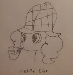 Size: 2985x3075 | Tagged: safe, artist:ceffyl-dŵr, derpibooru import, pinkie pie, pony, mmmystery on the friendship express, bubble pipe, deerstalker, hat, pipe, sherlock pie, solo, traditional art