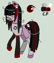 Size: 219x252 | Tagged: safe, artist:luckycloveradopts, derpibooru import, oc, oc only, oc:franken pony, earth pony, pony, bow, color palette, eye, female, frankenpony, frankenstein, frankenstein's monster, hair over eyes, heart, mare, raised hoof, raised leg, reference sheet, skull, stitches, tail, tail bow, text