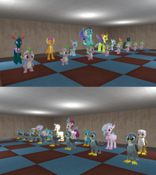 Size: 1901x2138 | Tagged: safe, artist:ponygamer2020, artist:ponygamersfm, derpibooru import, gabby, gallus, gilda, ocellus, pharynx, princess ember, princess skystar, queen novo, silverstream, smolder, spike, thorax, changedling, changeling, classical hippogriff, dragon, griffon, hippogriff, my little pony: the movie, 3d, birb, bishop, board, board game, chess, chess piece, chessboard, female, king, king thorax, knight, knight pony chess, looking at each other, looking at someone, male, pawn, prince pharynx, queen, rook, source filmmaker