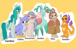 Size: 1122x712 | Tagged: safe, alternate version, artist:themaninstripes, derpibooru import, gallus, ocellus, sandbar, silverstream, smolder, yona, changedling, changeling, dragon, elf, griffon, hippogriff, insect, kelpie, mantis, sea pony, yak, alternate universe, backähästen, bug changeling, bugling, bunyip, fae, gelfling, hinterland, hinterlands, insectoid, redesign, redesigned, redone, reimagined, reimagining, remake, species swap, student six