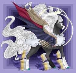 Size: 3541x3397 | Tagged: safe, artist:inisealga, derpibooru import, oc, oc only, oc:angel, fanfic:piercing the heavens, abstract background, coat markings, colored hooves, facial markings, final fantasy, final fantasy vii, final form, halo, male, sephiroth, socks (coat marking), solo, spread wings, stallion, wings