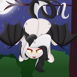 Size: 3000x3000 | Tagged: safe, artist:bestponies, derpibooru import, oc, oc only, oc:diamond horseshoe, bat pony, pony, unicorn, bat pony oc, bat wings, both cutie marks, dead tree, eyeshadow, fangs, female, golden eyes, hanging, hanging upside down, looking at you, makeup, mare, moon, solo, stars, tree, upside down, wings