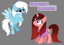 Size: 5500x3900 | Tagged: safe, artist:feather_bloom, derpibooru import, oc, oc:feather_bloom, oc:paige scribble(kaitykat), pegasus, pony, unicorn, alternate hairstyle, clothes, flying, shirt