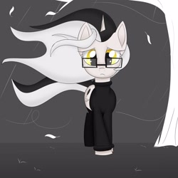 Size: 3000x3000 | Tagged: safe, artist:bestponies, derpibooru import, oc, oc:diamond horseshoe, unicorn, clothes, dead tree, female, glasses, golden eyes, leaves, looking down, mare, rain, sad, sad face, socks, solo, sweater, tree, vent art, wind, windswept hair, windswept mane