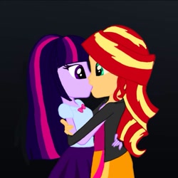 Size: 717x717 | Tagged: safe, artist:sunriseshimmer1275, derpibooru import, sunset shimmer, twilight sparkle, equestria girls, black background, duo, duo female, female, hug, jpg, kissing, lesbian, shipping, simple background, sunsetsparkle