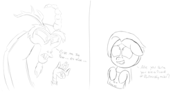 Size: 1227x683 | Tagged: safe, artist:realgero, derpibooru import, discord, jasmine leaf, draconequus, earth pony, pony, discordant harmony, 2 panel comic, comic, fire, grayscale, monochrome