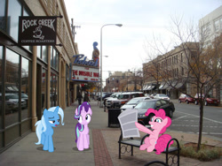 Size: 1024x768 | Tagged: safe, artist:deyrasd, artist:hendro107, artist:jaredking779, derpibooru import, pinkie pie, starlight glimmer, trixie, earth pony, pony, unicorn, billings, female, irl, mare, montana, newspaper, photo, ponies in real life