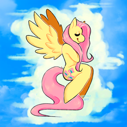 Size: 850x850 | Tagged: safe, artist:chotpot, derpibooru import, fluttershy, pegasus, pony, semi-anthro, eyes closed, sky background, solo