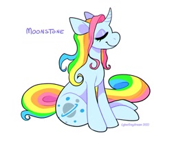 Size: 850x700 | Tagged: safe, artist:chotpot, artist:cyberdaydream, derpibooru import, moonstone, pony, unicorn, g1, eyes closed, multicolored hair, rainbow hair, rainbow tail, simple background, solo, tail, white background