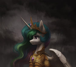 Size: 2173x1931 | Tagged: safe, alternate version, artist:koviry, derpibooru import, princess celestia, alicorn, pony, armor, bust, crown, crying, fantasy class, female, gritted teeth, jewelry, mare, portrait, profile, regalia, solo, teeth, warrior, warrior celestia