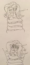 Size: 1392x3035 | Tagged: safe, artist:lunahazacookie, derpibooru import, fluttershy, snake, equestria girls, bust, coils, female, lineart, traditional art