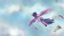 Size: 2560x1440 | Tagged: safe, artist:uberponya, derpibooru import, twilight sparkle, twilight sparkle (alicorn), alicorn, big crown thingy, cloud, crown, element of magic, feather, flying, horn, jewelry, regalia, simple background, sky, solo, wings