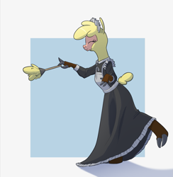 Size: 1467x1504 | Tagged: safe, artist:hitsuji, derpibooru import, paprika paca, anthro, unguligrade anthro, them's fightin' herds, abstract background, clothes, cloven hooves, community related, costume, duster, eyes closed, maid, simple background, solo