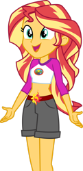 Size: 1280x2648 | Tagged: safe, artist:cloudyglow, derpibooru import, edit, sunset shimmer, equestria girls, legend of everfree, .ai available, absurd resolution, belly button, camp everfree outfits, clothes, embrace the magic, legs, midriff, open mouth, shorts, simple background, solo, transparent background, vector, vector edit