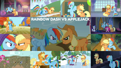 Size: 1968x1108 | Tagged: safe, derpibooru import, edit, edited screencap, editor:quoterific, screencap, applejack, pinkie pie, rainbow dash, rarity, bee, earth pony, insect, pegasus, pony, unicorn, castle mane-ia, fall weather friends, non-compete clause, season 1, season 4, season 8, the ticket master, triple pony dare ya, hoofwrestle