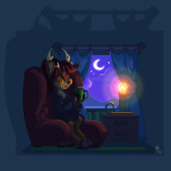 Size: 1000x1000 | Tagged: safe, artist:gor1ck, derpibooru import, oc, oc only, deer, armchair, bathrobe, candle, chair, clothes, commission, crescent moon, curtains, deer oc, glasses, male, moon, mug, non-pony oc, robe, slippers, solo, window, ych result